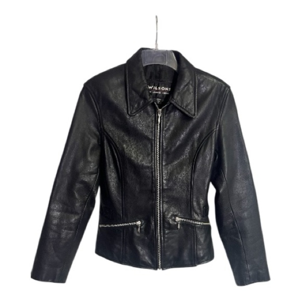 Wilsons Black Full Grain Leather Moto Fitted Jacket Zip Close 2 front Pockets XS - Picture 2 of 8